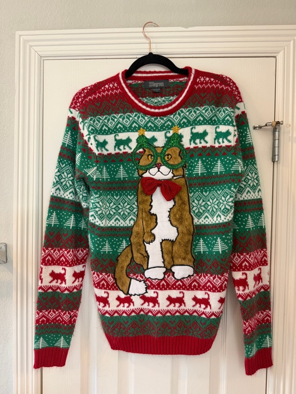 Funny Cat Ugly Christmas Sweater - Red & Green